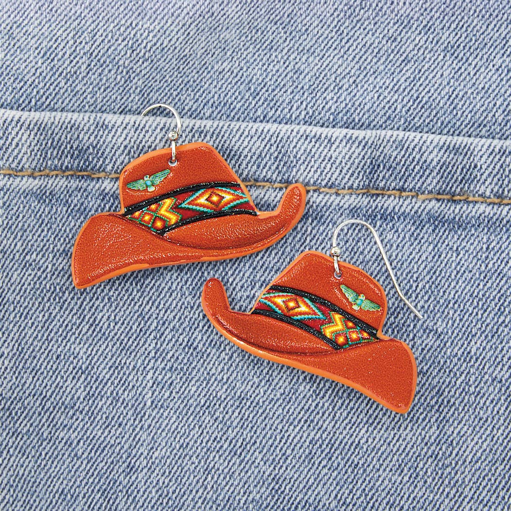 Faux Tooled Leather Cowboy Hat Earrings