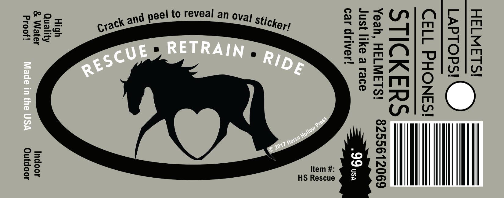 Horse  Laptop, Cell Phone & Helmet Sticker "Rescue, Retain, Ride"