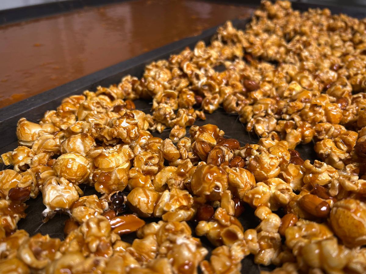Homemade Caramel Corn with Almonds,Pretzels and Peanuts