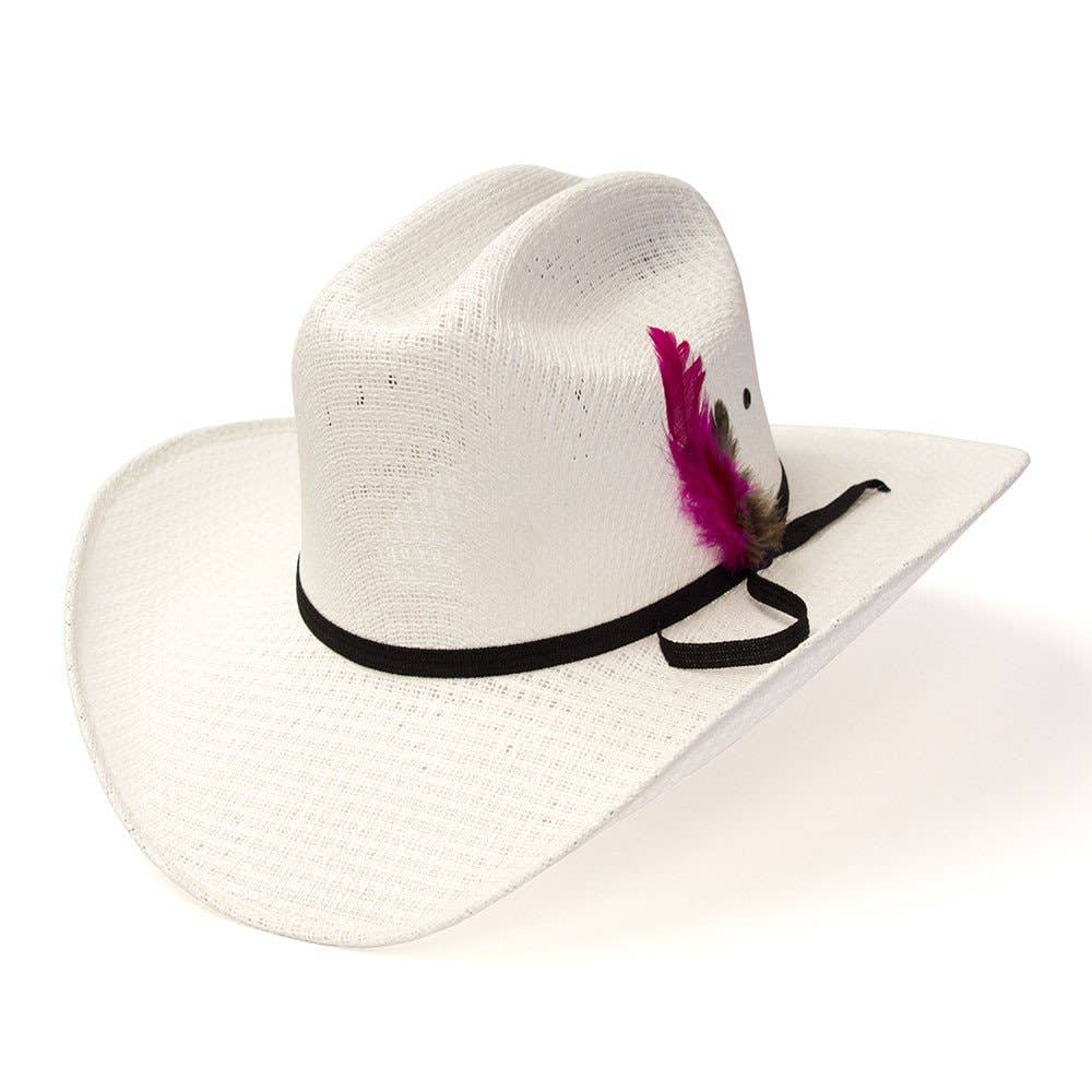 White Straw Western Cattleman Hat with Feather