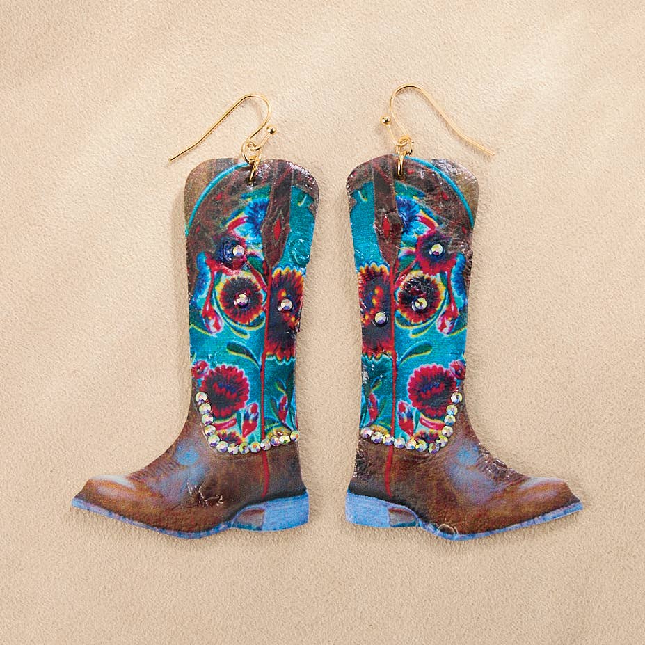 Genuine Leather & Rhinestone Cowgirl Boot Earrings