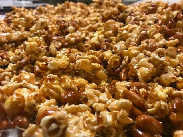 Homemade Caramel Corn with Almonds,Pretzels and Peanuts