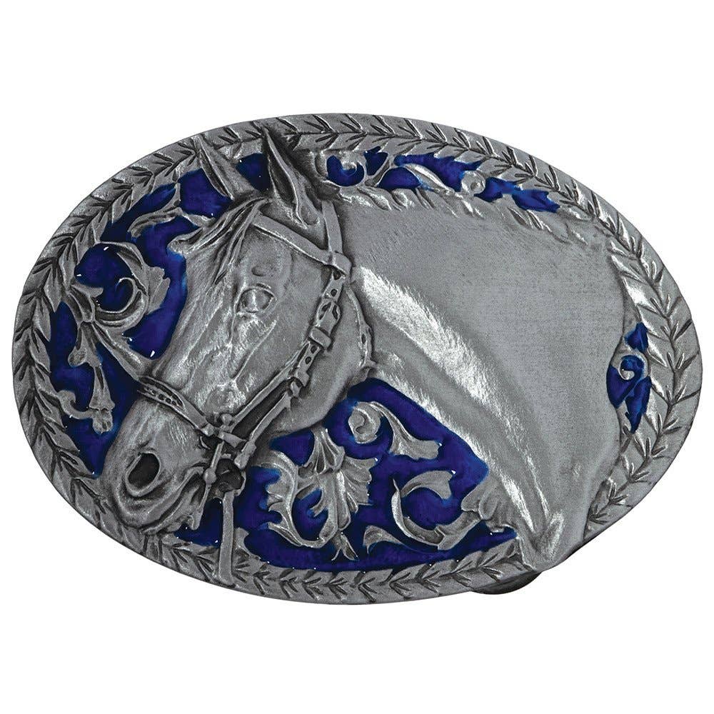 USA-Made Horsehead Filigree Belt Buckle with Enamel