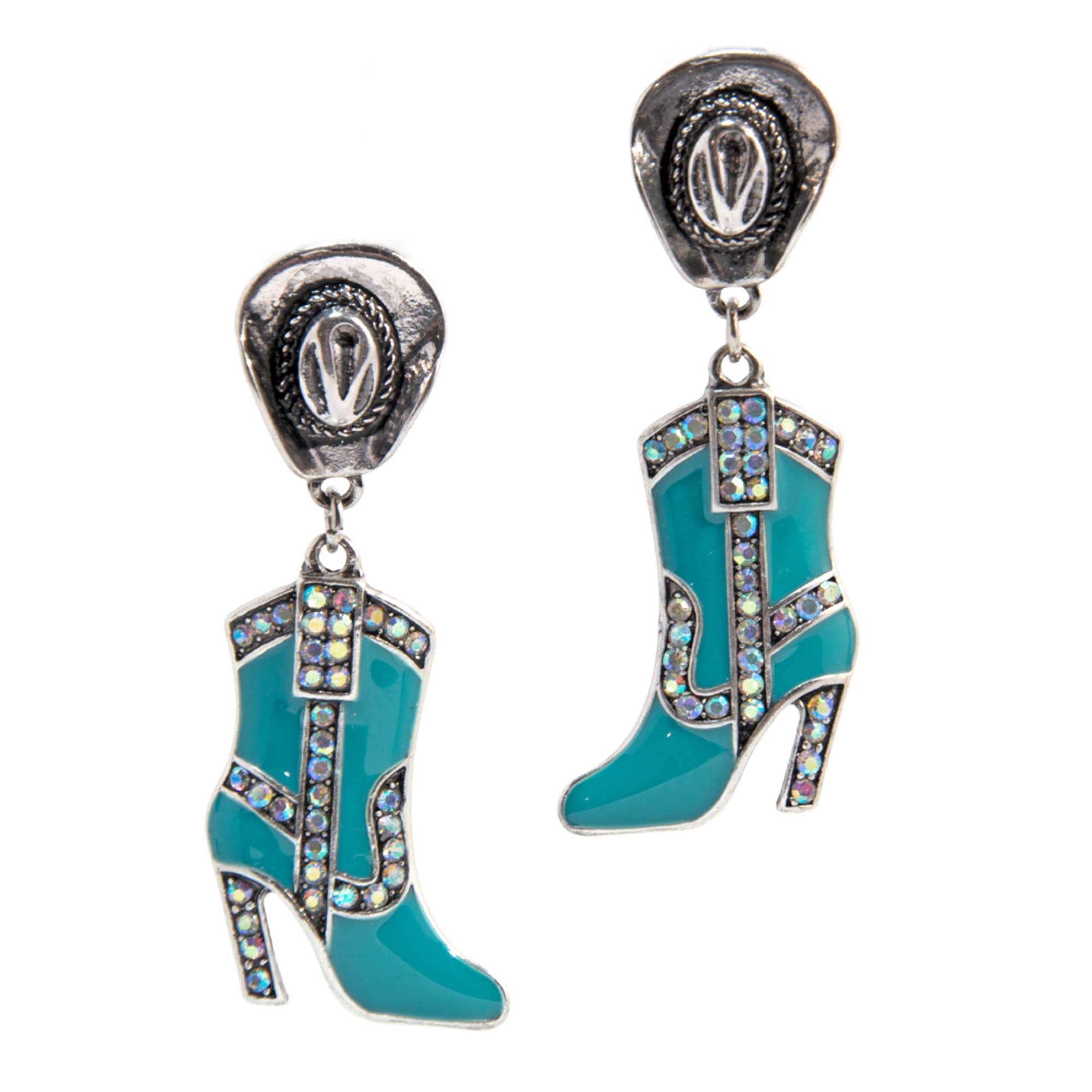 Western Cowboy Boot Dangle Earrings - Turquoise Rhinestones