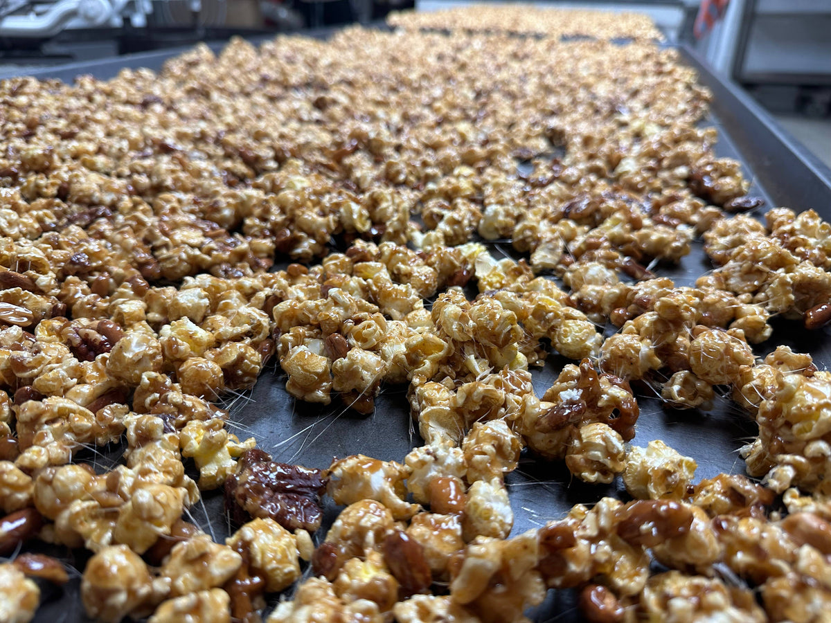Homemade Caramel Corn with Almonds,Pretzels and Peanuts