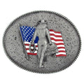 USA-Made Oval Cowgirl American Flag Belt Buckle with Enamel