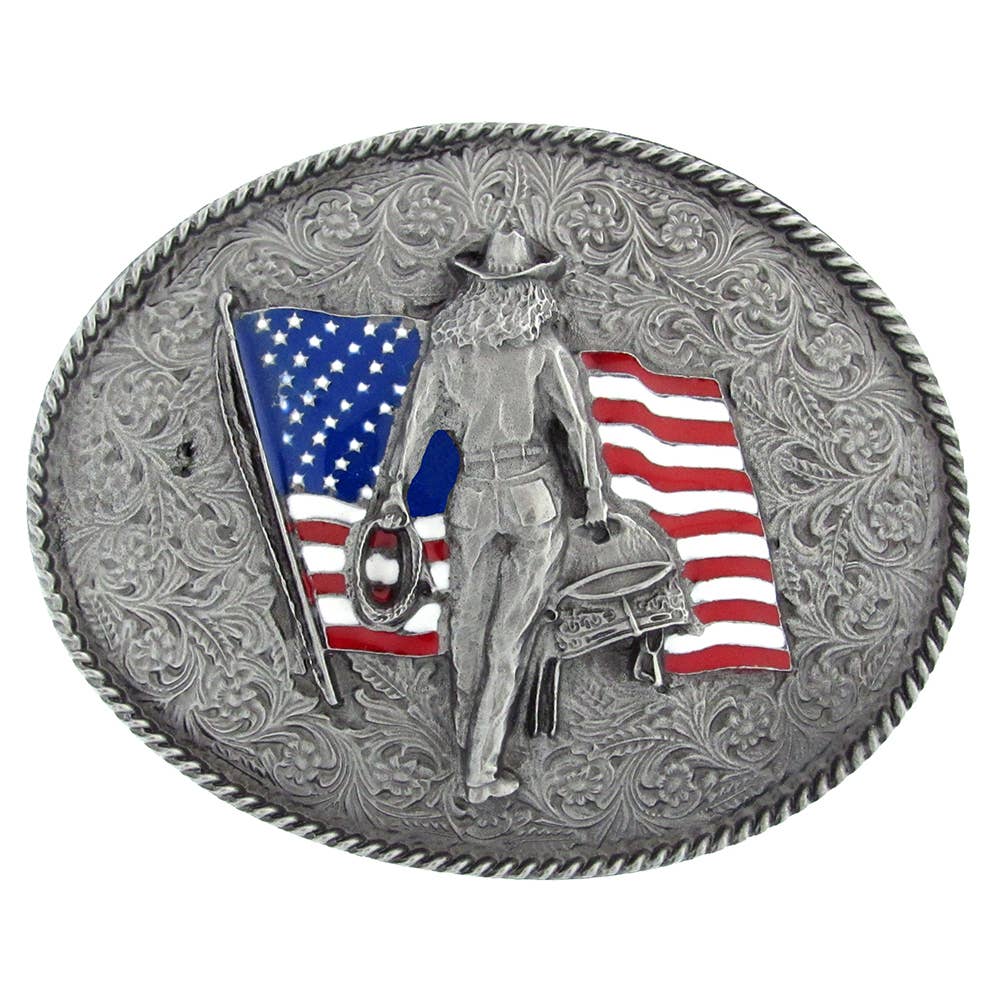 USA-Made Oval Cowgirl American Flag Belt Buckle with Enamel