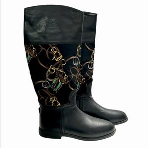 RALPH LAUREN COLLECTION Black Rubber Leather Printed Nylon Knee Boot