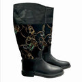 RALPH LAUREN COLLECTION Black Rubber Leather Printed Nylon Knee Boot