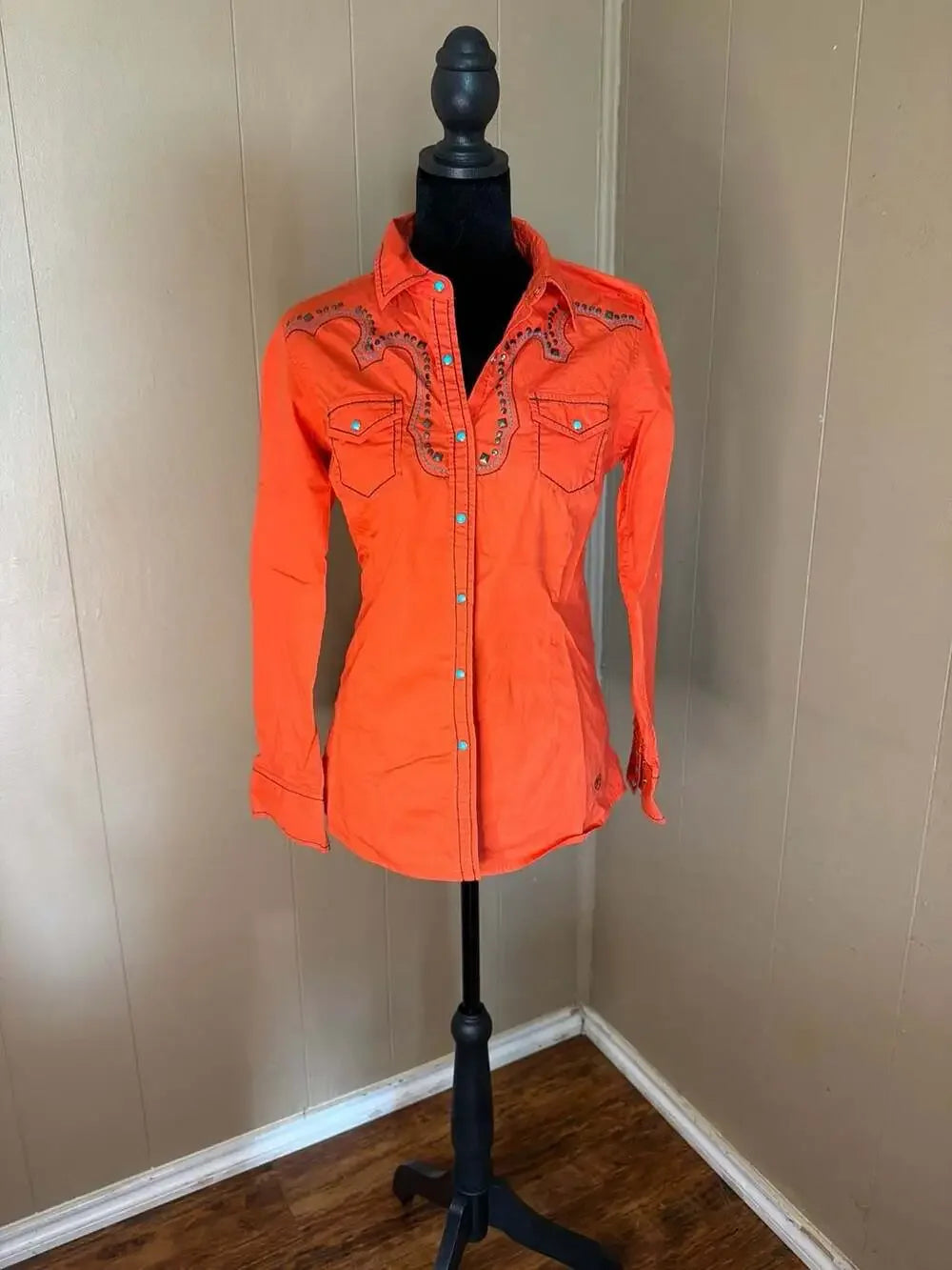 Ariat Women's Orange Embroidered & Studded Western Snap Long Sleeve Shirt