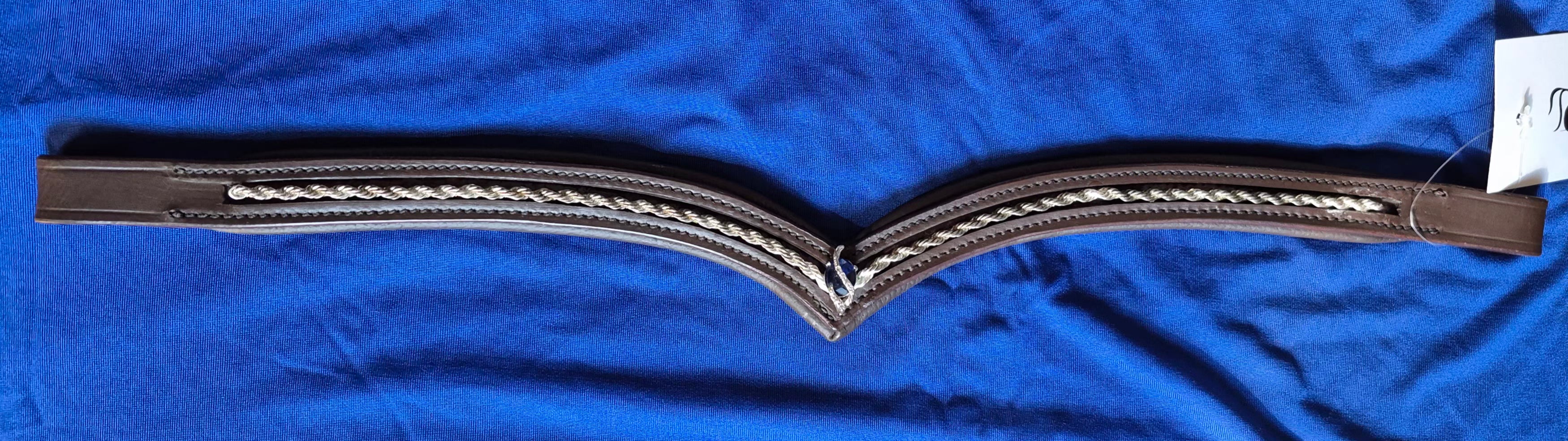 Dressage V Browband wSilver Chain & Blue Crystal Design