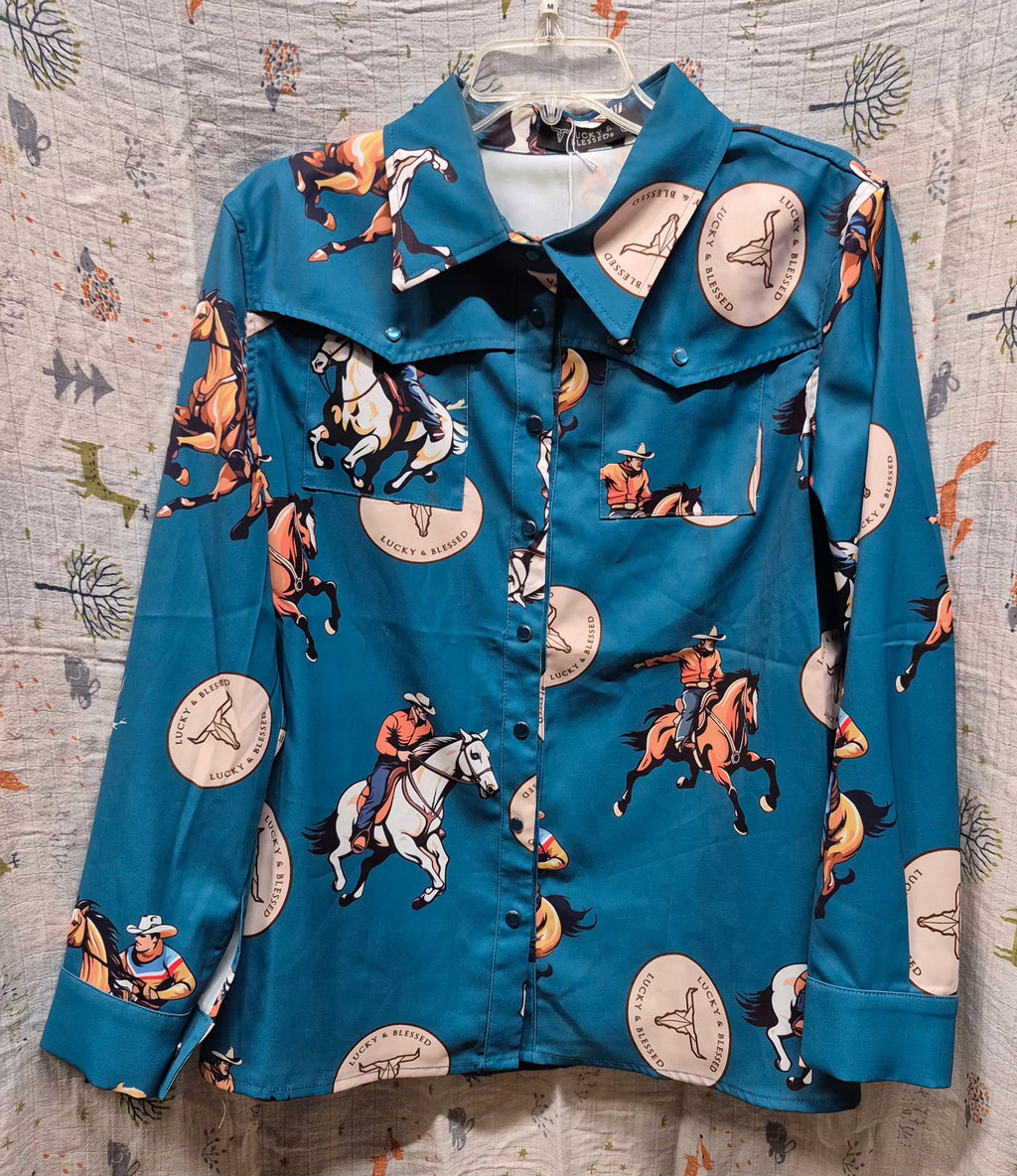 Lucky & Blessed Jade Cowboy Rider Retro 90s Printed Button Down Shirt (Women's)