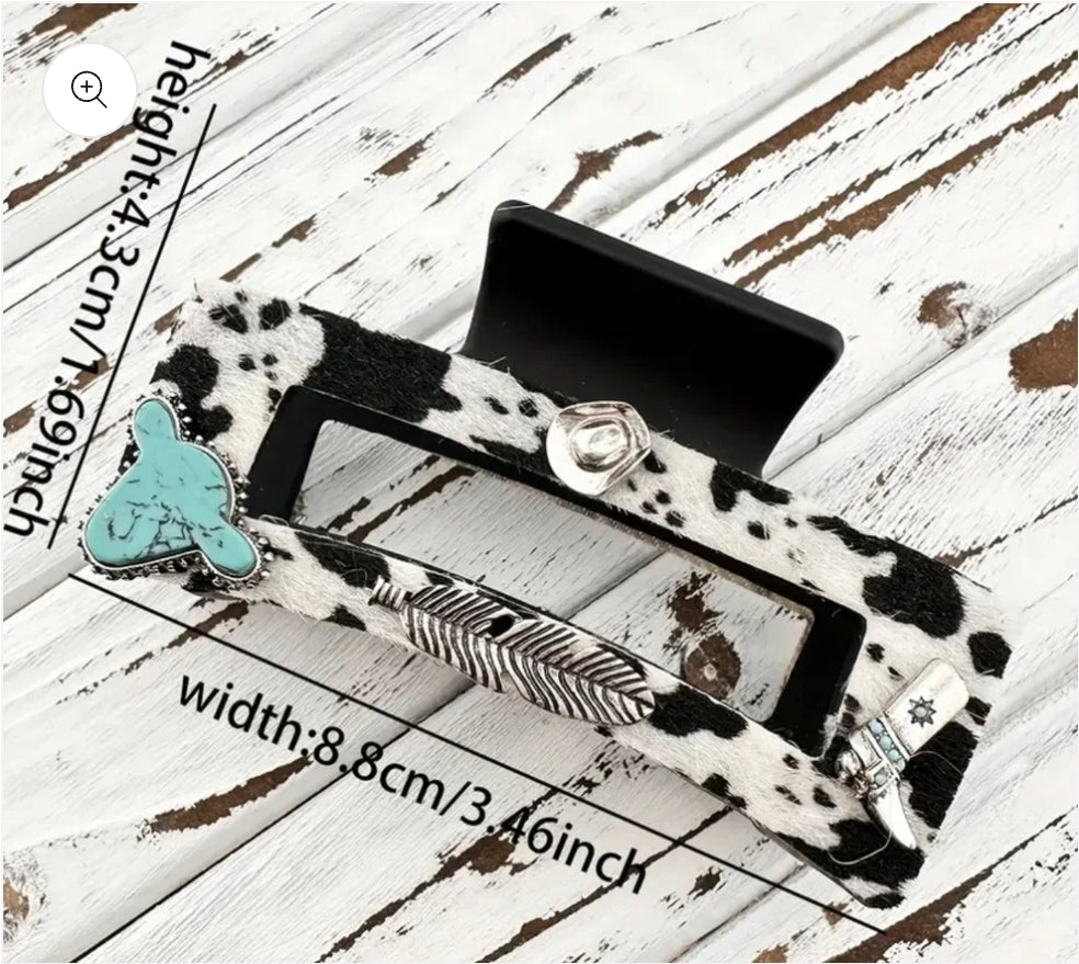 Cowhide Textured Hair Clip Turquoise Stone Western Details