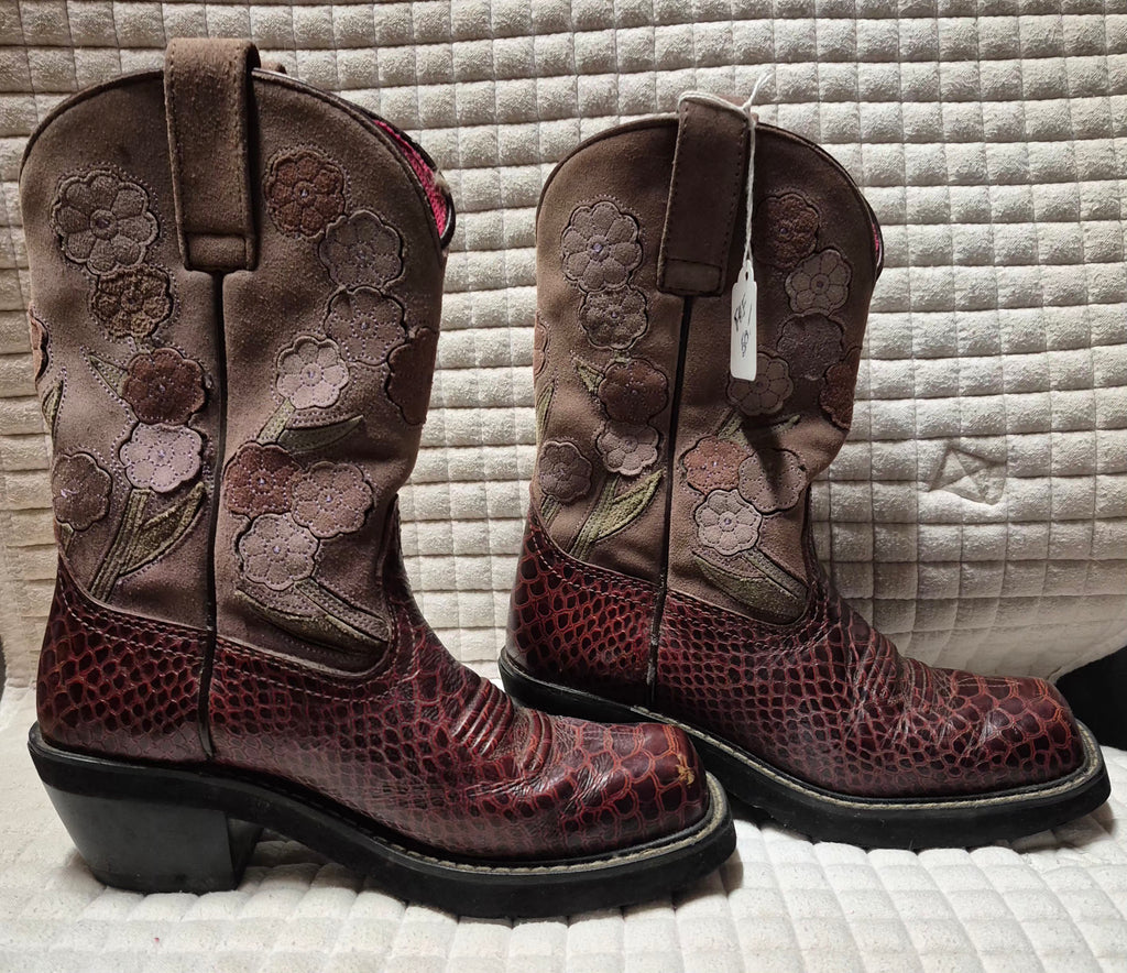 Ariat (women's) Snake Print Floral Maroon Leather Western Boots