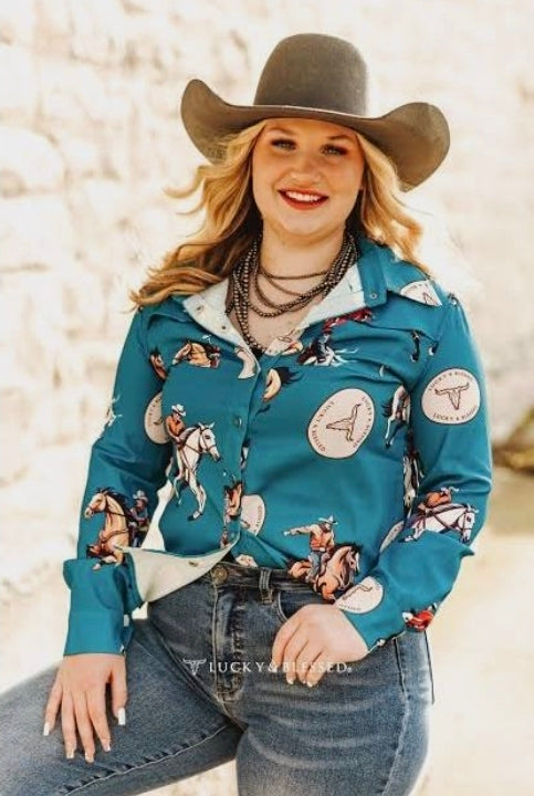 Lucky & Blessed Jade Cowboy Rider Retro 90s Printed Button Down Shirt (Women's)