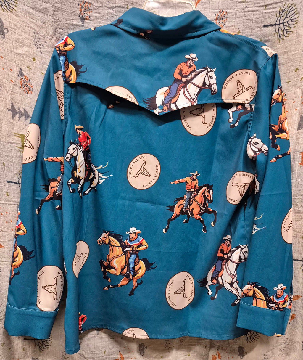 Lucky & Blessed Jade Cowboy Rider Retro 90s Printed Button Down Shirt (Women's)