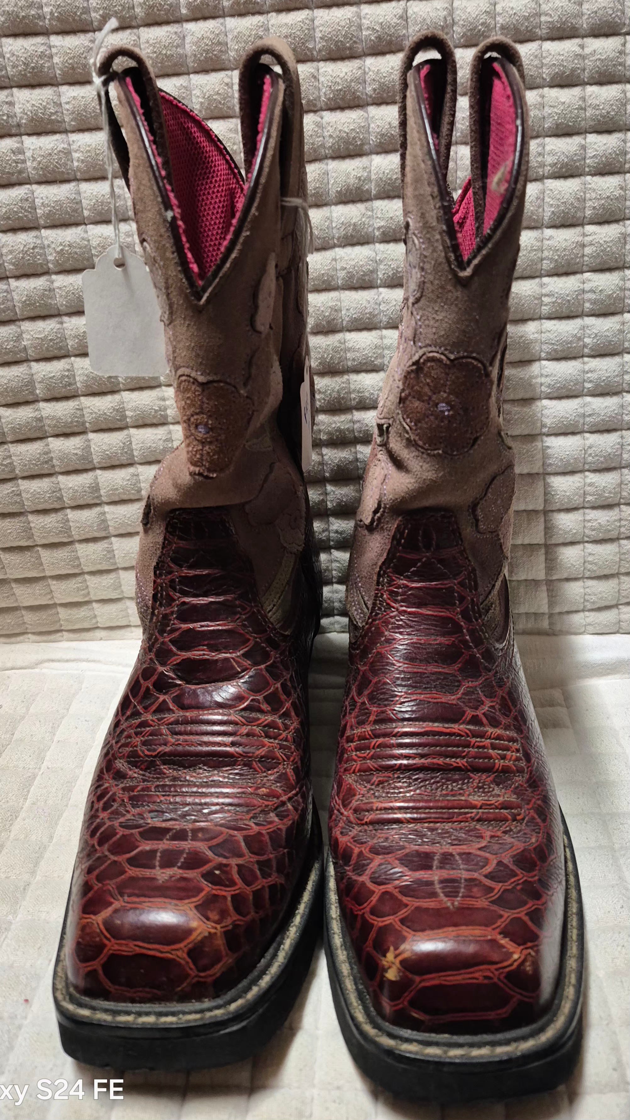 Ariat (women's) Snake Print Floral Maroon Leather Western Boots