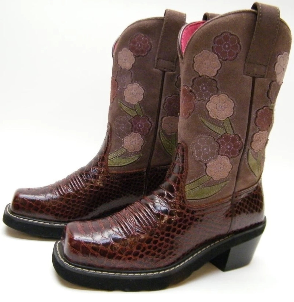 Ariat (women's) Snake Print Floral Maroon Leather Western Boots