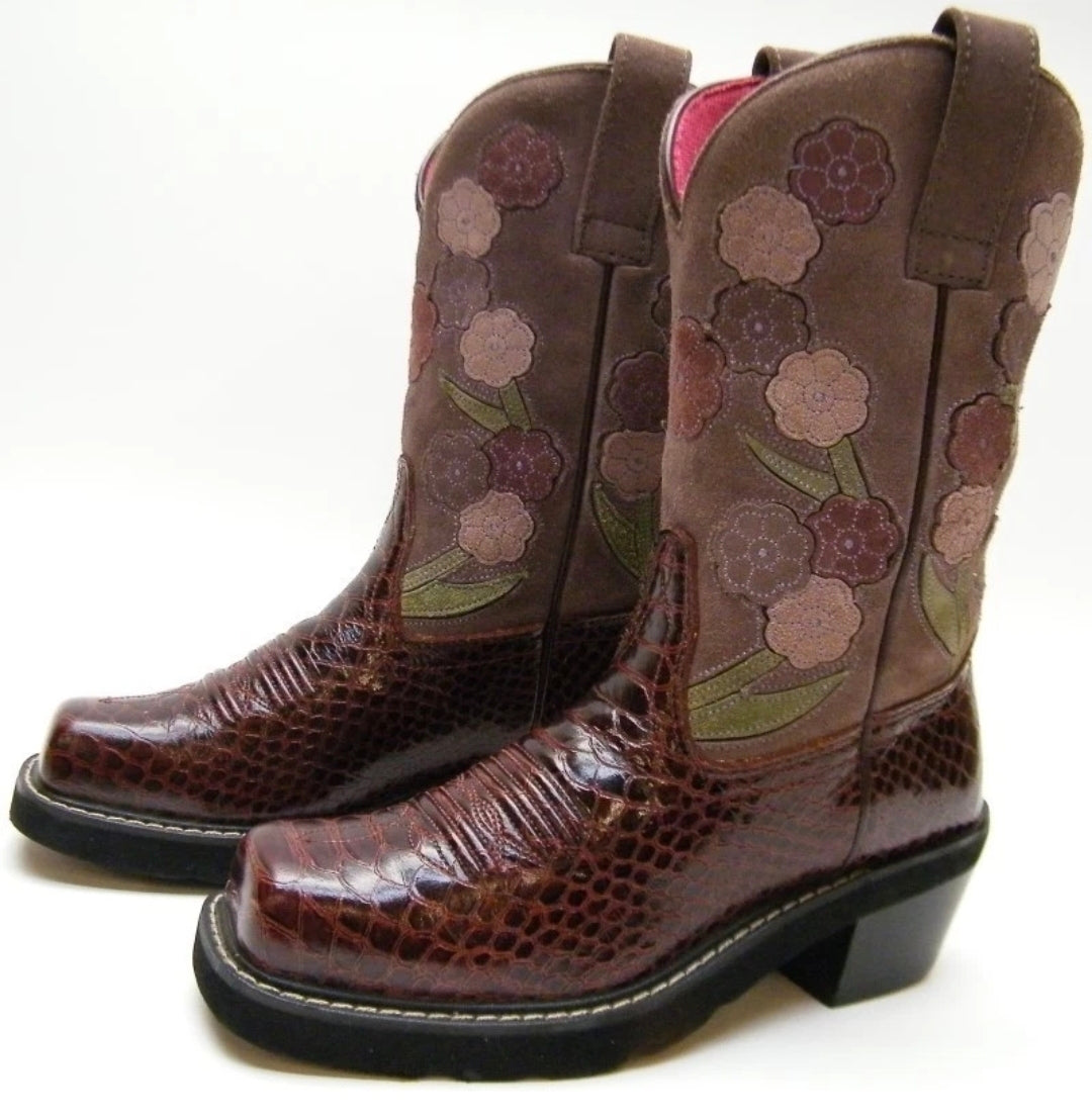 Ariat (women's) Snake Print Floral Maroon Leather Western Boots