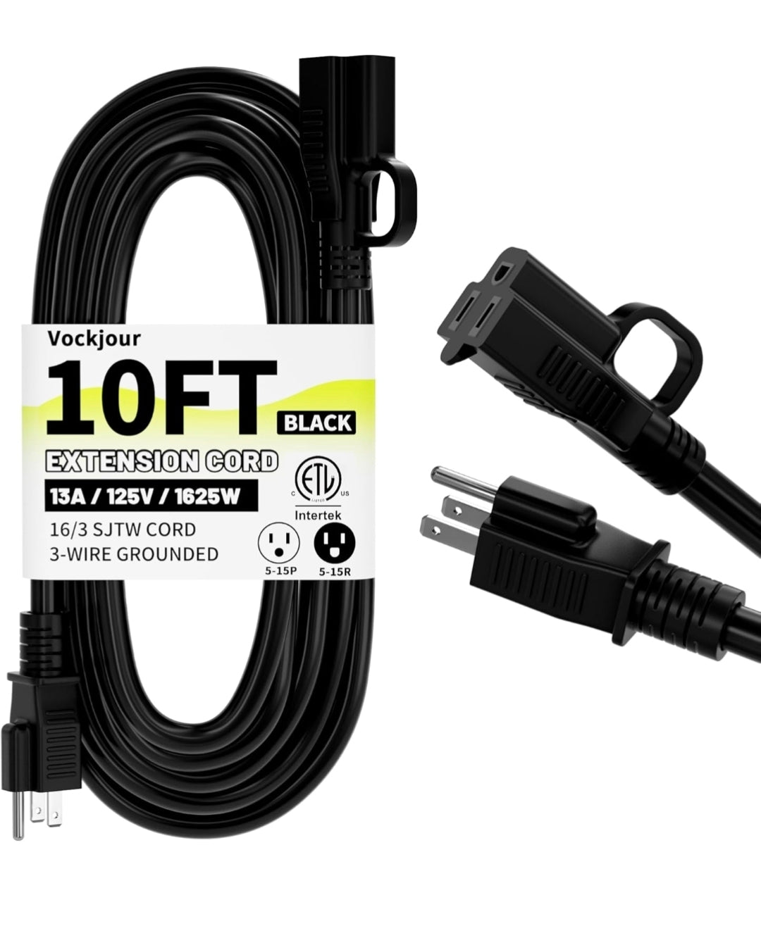16/3 Black Indoor Outdoor Extension Cord 10 Ft Waterproof, Extension Cord with 3 Prong Grounded Plug,13A 1625W 16AWG SJTW, Flexible Weatherproof Power Cable