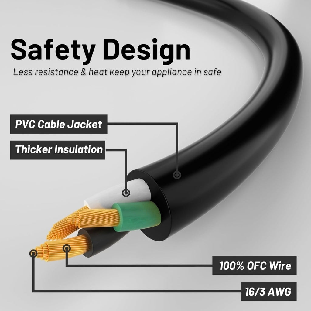 16/3 Black Indoor Outdoor Extension Cord 10 Ft Waterproof, Extension Cord with 3 Prong Grounded Plug,13A 1625W 16AWG SJTW, Flexible Weatherproof Power Cable