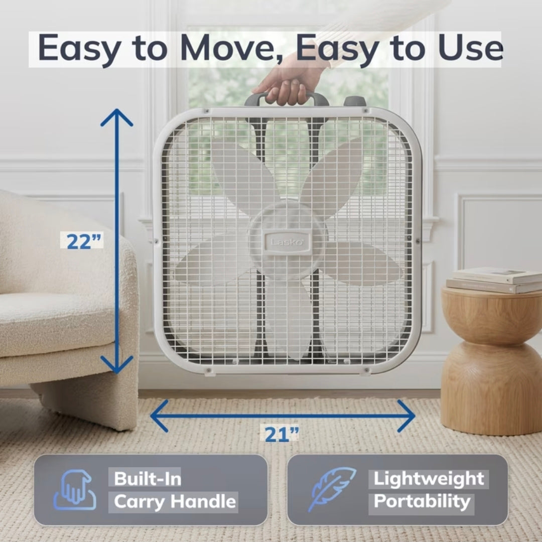 Lasko 20" Classic Box Fan w/Weather-Resistant Motor, Portable Cooling Floor or Window Fan, 3 Speeds (B20200)