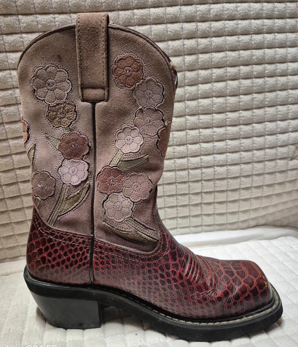 Ariat (women's) Snake Print Floral Maroon Leather Western Boots