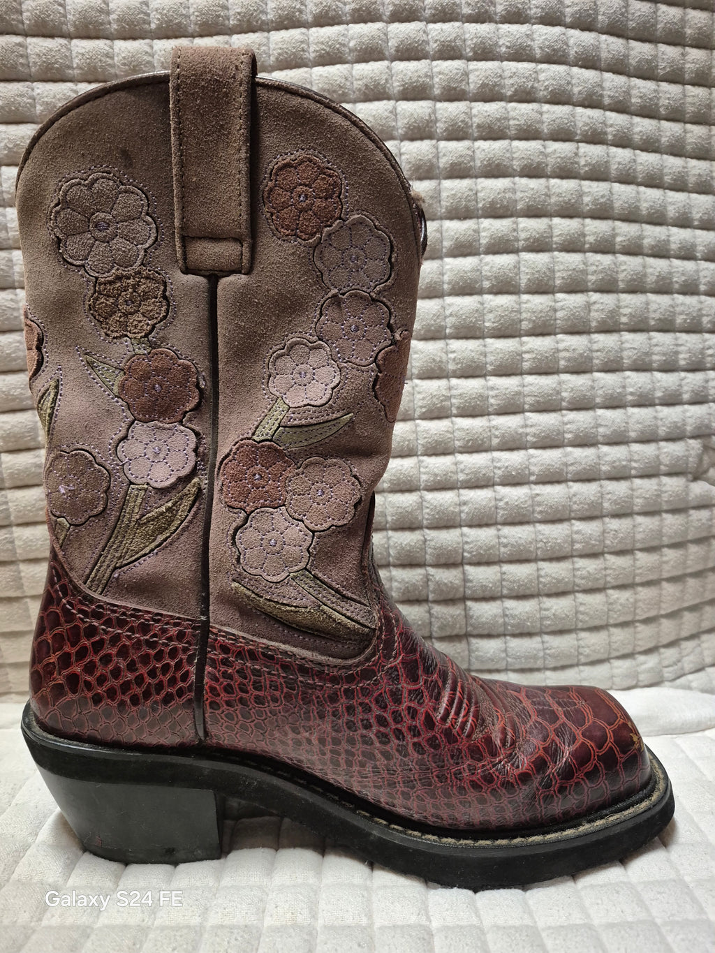 Ariat (women's) Snake Print Floral Maroon Leather Western Boots