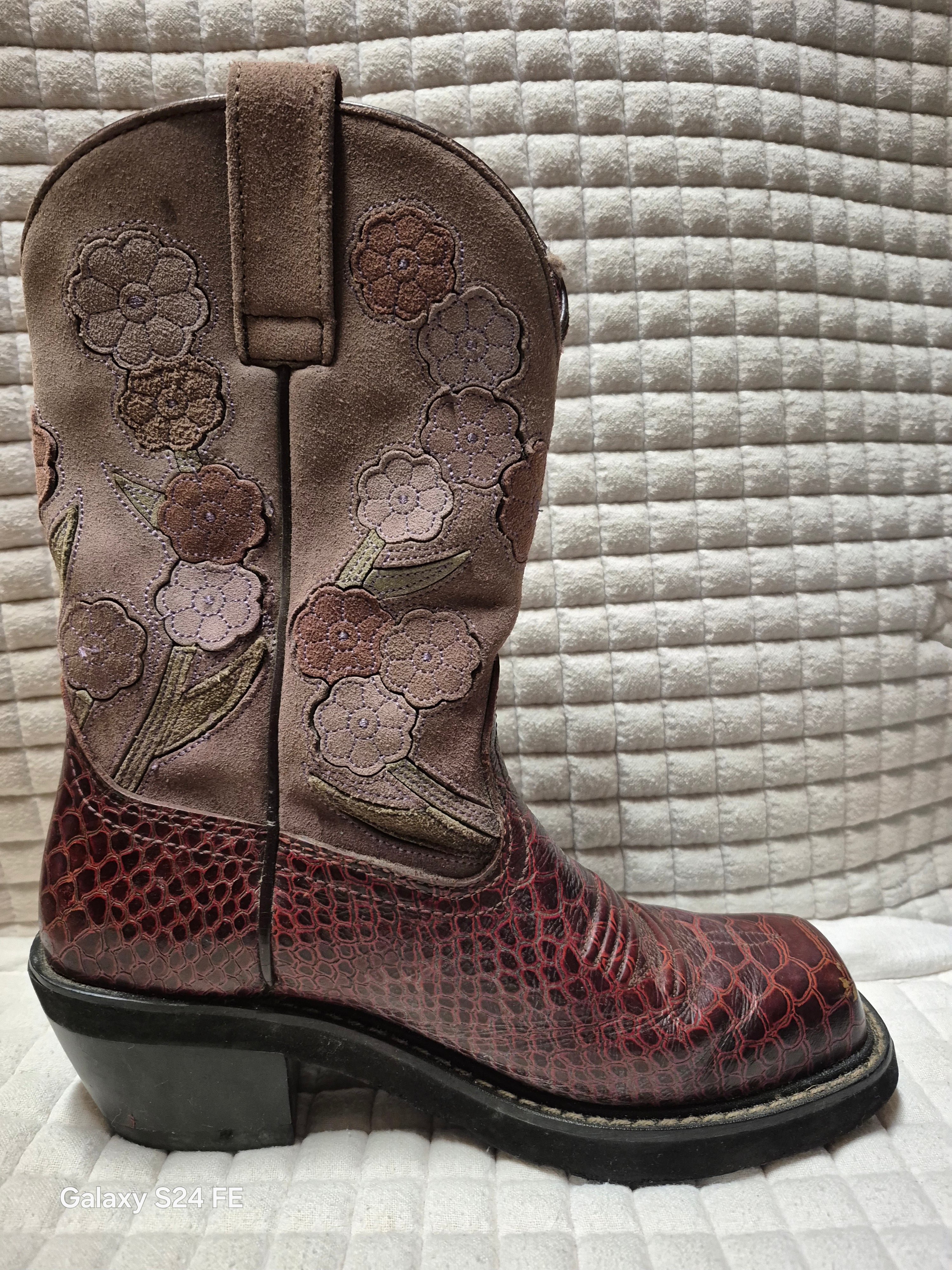 Ariat (women's) Snake Print Floral Maroon Leather Western Boots