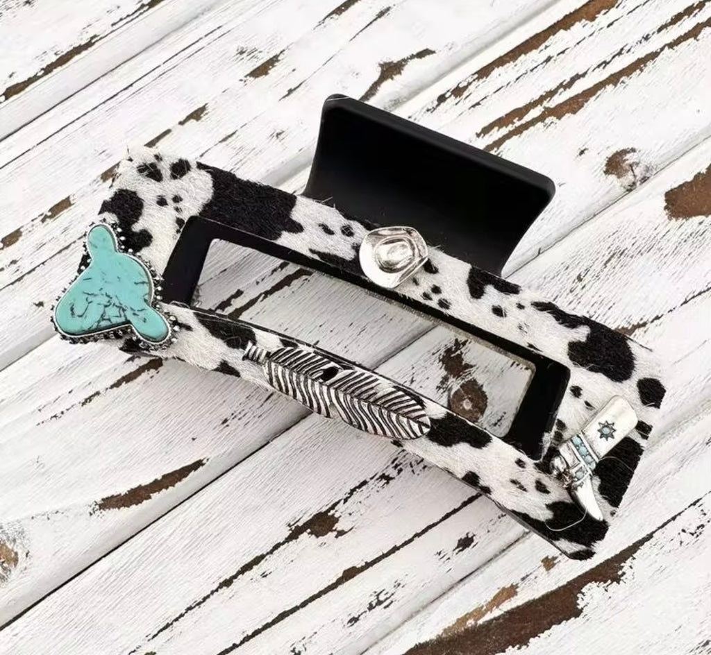 Cowhide Textured Hair Clip Turquoise Stone Western Details