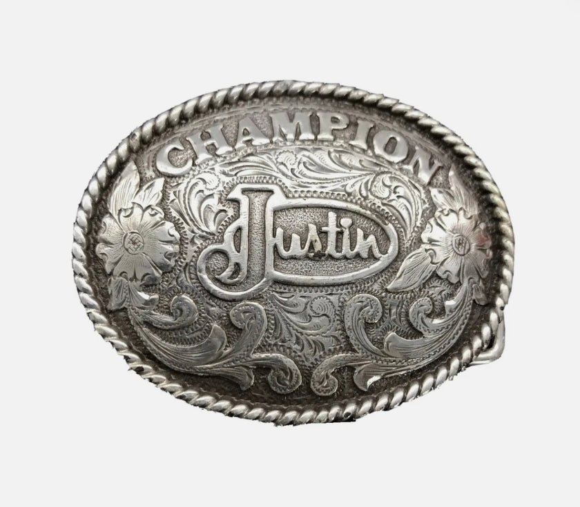 Vintage JUSTIN Champion Fancy Oval Silver Belt Buckle ~ 2.75" x 2.25" Cowboy