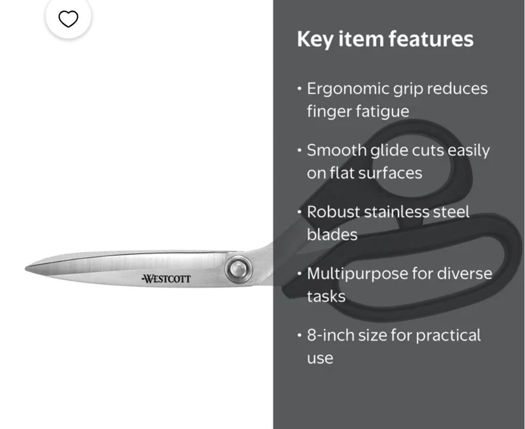 Westcott 8" All Purpose Plus Multipurpose Scissors, Stainless Steel, Bent Handle