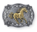 Golden Mustang Belt Buckle, Two-Tone Metal, Floral-Etched