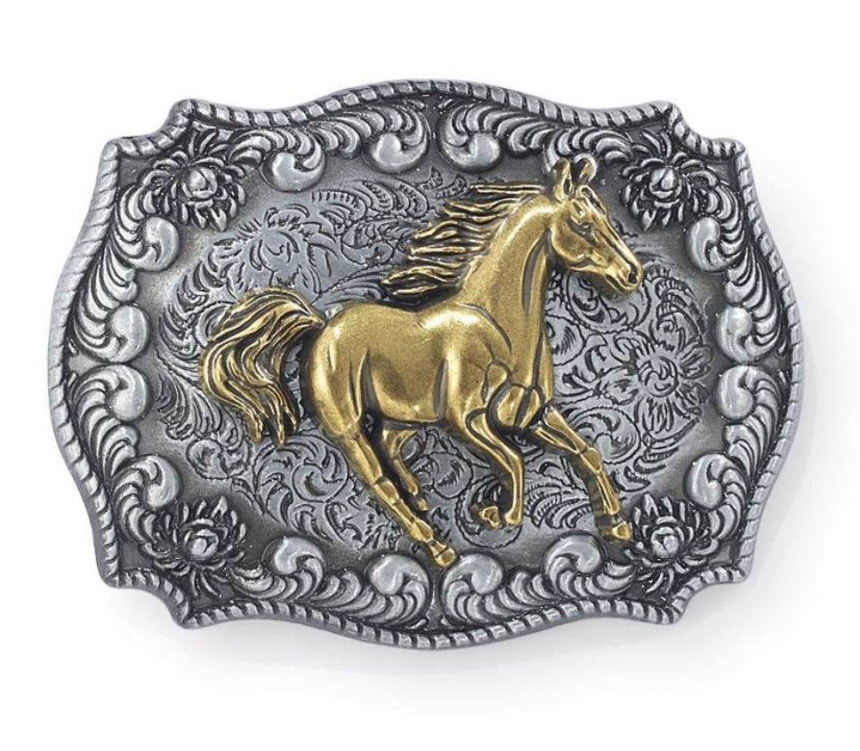 Golden Mustang Belt Buckle, Two-Tone Metal, Floral-Etched
