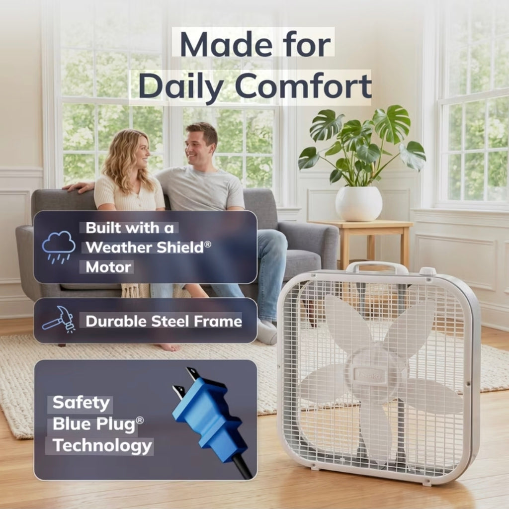 Lasko 20" Classic Box Fan w/Weather-Resistant Motor, Portable Cooling Floor or Window Fan, 3 Speeds (B20200)