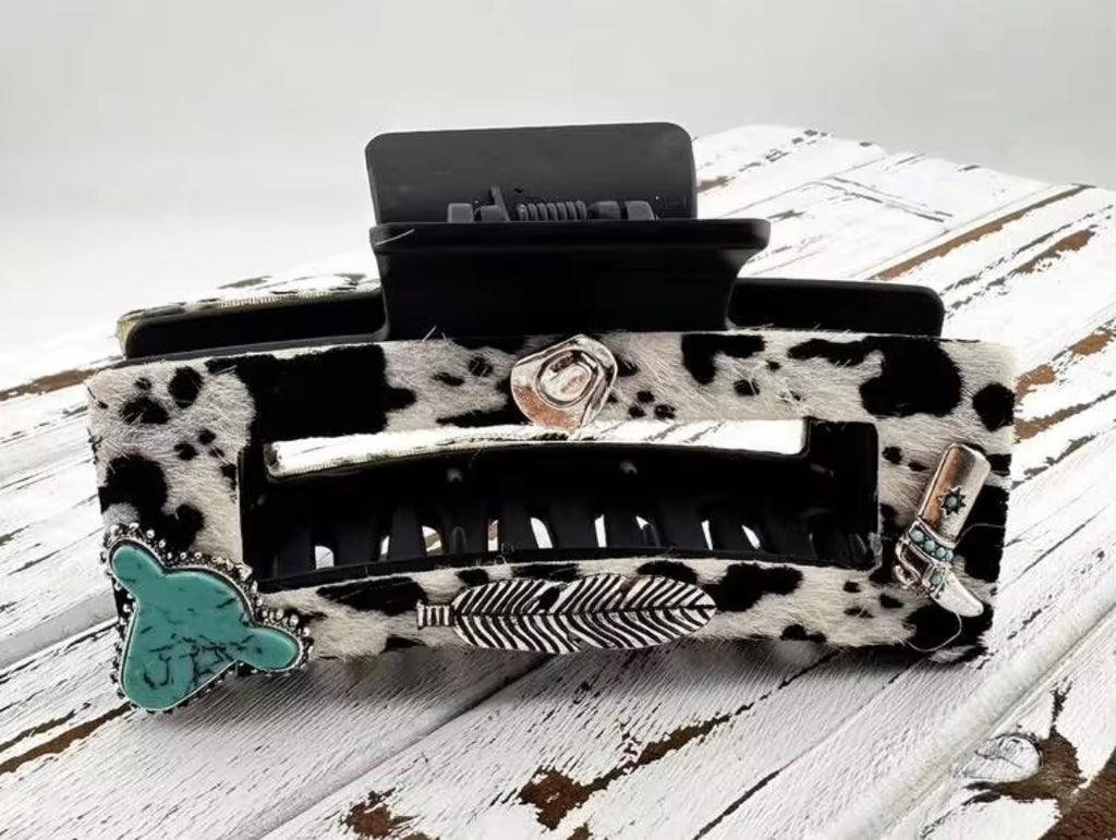 Cowhide Textured Hair Clip Turquoise Stone Western Details