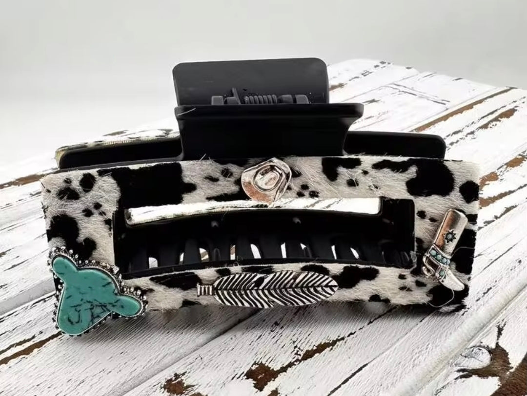 Cowhide Textured Hair Clip Turquoise Stone Western Details
