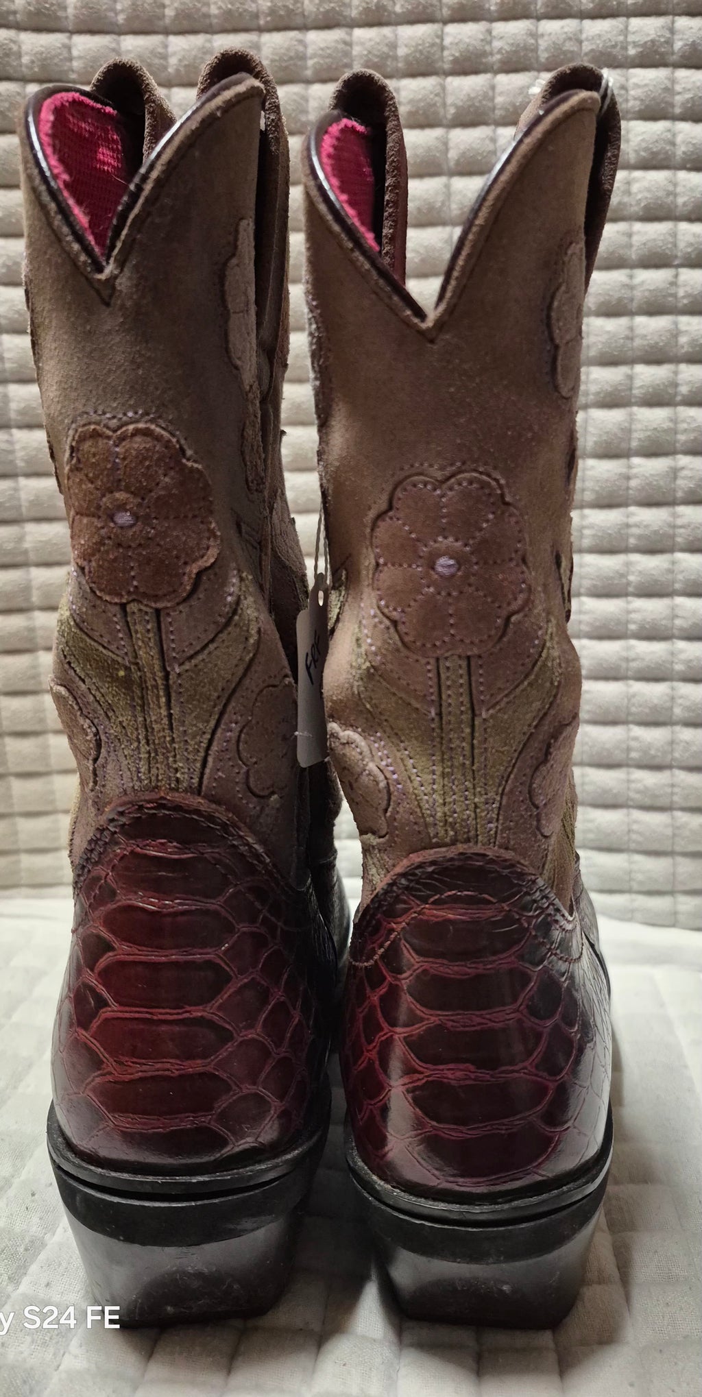 Ariat (women's) Snake Print Floral Maroon Leather Western Boots