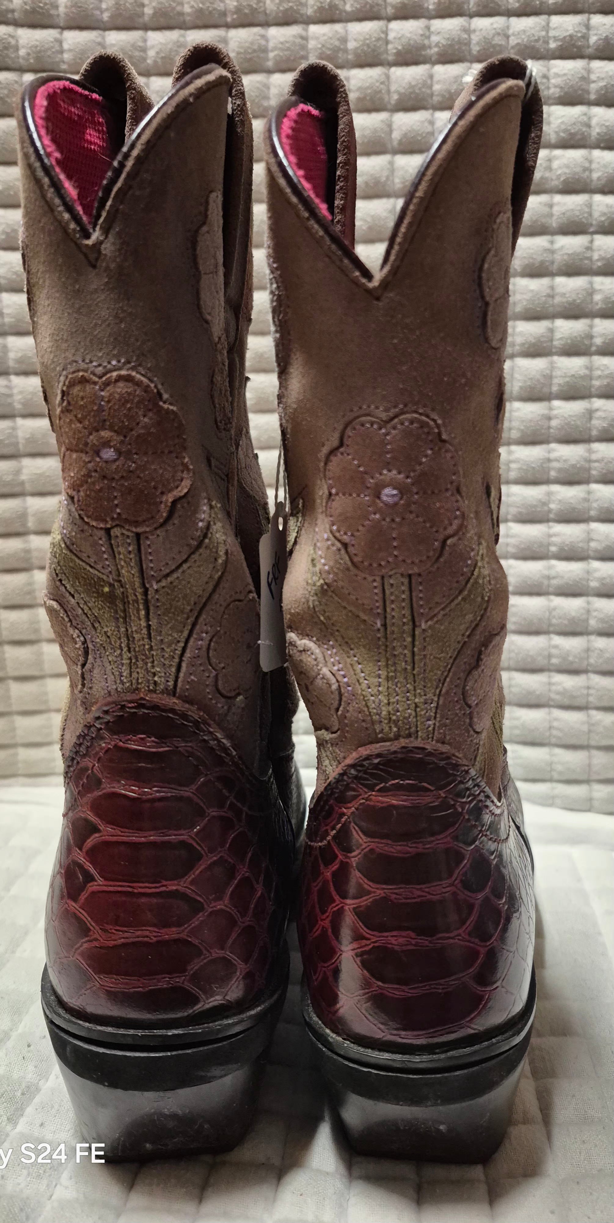 Ariat (women's) Snake Print Floral Maroon Leather Western Boots